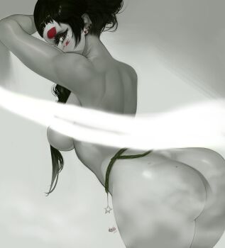 1girl absurdres artist_name ass black_hair breasts club_(shape) commentary dated diamond_(shape) earrings elsevilla english_commentary from_behind grey_background heart highres jewelry large_breasts long_hair looking_at_viewer looking_back nude original simple_background solo spade_(shape) spot_color