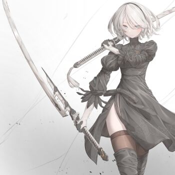1girl 2b_(nier:automata) absurdres black_dress blue_eyes boots dress feather_trim hairband highres holding holding_sword holding_weapon juliet_sleeves long_sleeves looking_at_viewer nier:automata nier_(series) no_blindfold puffy_sleeves short_hair side_slit solo sword thigh_boots thighhighs tqg_07 virtuous_contract virtuous_treaty weapon white_hair