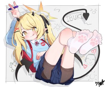 1girl :p alternate_costume arm_up backpack bag bike_shorts bike_shorts_under_skirt black_horns black_ribbon black_shorts black_tail black_wings blonde_hair blue_archive blue_shirt blue_skirt blush boppin border character_name closed_mouth collared_shirt commentary commission crayon demon_girl demon_horns demon_tail demon_wings doodle_sensei_(blue_archive) dot_nose feet feet_up flat_chest full_body hair_ornament hair_ribbon halo heart highres holding holding_crayon horns ibuki_(blue_archive) kindergarten_uniform loli long_hair long_sleeves looking_at_viewer miniskirt name_tag neck_ribbon no_shoes outside_border paw_print_soles peroro_(blue_archive) pleated_skirt pointy_ears randoseru red_bag red_ribbon ribbon see-through_clothes see-through_legwear sensei_(blue_archive) shirt short_shorts shorts side_ponytail skirt smile socks soles solo spread_toes star_(symbol) tail toes tongue tongue_out v white_border white_socks wings x_hair_ornament yellow_eyes yellow_halo