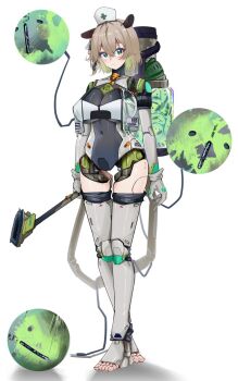 1girl animal_ears breasts brown_hair cyborg full_body green_hair hat highres indie_virtual_youtuber large_breasts nimi_nightmare nurse_cap punpond solo standing tapir_ears tapir_girl thighhighs virtual_youtuber white_thighhighs