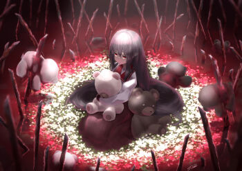 1girl absurdly_long_hair black_hair blood doll field flower flower_field full_body highres holding holding_doll impaled long_hair original pool_of_blood rebar red_eyes red_skirt shirt sitting skirt solo strail_cycleman stuffed_animal stuffed_toy surrounded teddy_bear very_long_hair white_shirt