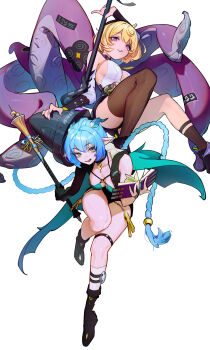 2girls absurdres accessories arm_up bare_shoulders black_boots black_horns black_unitard blonde_hair blue_hair book boots braid braided_twintails breasts choker cleavage commentary detached_sleeves goat goat_girl goat_horns goat_tail hair_between_eyes hammer hand_on_weapon high-waist_shorts highres holding holding_book holding_hammer holding_staff holding_weapon hood horizontal_pupils horns key key_choker knee_strap large_breasts long_hair looking_at_viewer lucia_elowen medallion mole mole_on_arm mole_under_mouth monster_girl multiple_girls octopus open_mouth pointy_ears purple_eyes purple_nails qu_uo scylla shirt short_hair shorts sideboob simple_background single_sleeve single_sock single_thighhigh socks spiral staff standing standing_on_one_leg sticker tail tentacle_girl tentacle_grab tentacle_tail tentacles thighhighs weapon white_background white_shirt white_socks yellow_eyes yellow_pupils yidhari_murphy zenless_zone_zero