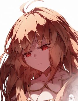 1girl absurdres ahoge archetype_earth arcueid_brunestud bare_shoulders blonde_hair breasts cleavage dress expressionless gold_trim hair_between_eyes hair_intakes highres long_hair looking_down messy_hair profile red_eyes tsukihime tsukihime_(remake) white_dress xjjliandao