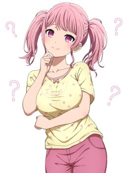 1girl ? bang_dream! closed_mouth finger_to_own_chin hand_on_own_chin highres imagining maruyama_aya noshimurin pants pink_hair pink_pants shirt short_sleeves simple_background solo thinking twintails white_background