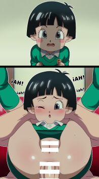 1boy 1girl 2koma ;o age_difference anal bar_censor black_eyes black_hair blush blush_stickers censored comic dragon_ball_super dragon_ball_super_super_hero folded full_nelson green_sweater hetero instant_loss kazu_satou loli no_panties nude one_eye_closed open_mouth pan_(dragon_ball) penis pussy reverse_suspended_congress sex sex_from_behind shirt short_hair skirt socks sweater tearing_up tears testicles very_short_hair white_shirt