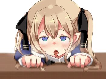 1girl afterimage ahegao ariel_(oukoku_no_shugo_tenshi) black_bow blue_dress blue_eyes blush bow breath brown_hair desk dress game_cg hair_between_eyes heavy_breathing hikaru_(sgst) implied_sex juliet_sleeves large_variant_set long_hair long_sleeves lying motion_blur motion_lines non-web_source on_desk on_stomach open_mouth oukoku_no_shugo_tenshi pointy_ears portrait puffy_sleeves raised_inner_eyebrows rolling_eyes sidelocks simple_background sitting solo tareme tongue tongue_out transparent_background twintails variant_set