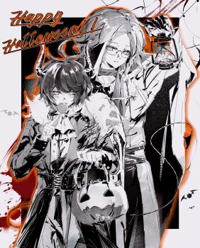 2boys absurdres alternate_costume antenna_hair aotsuki_eito ascot bat_(animal) candy chinese_commentary coat commentary_request english_text food glasses greyscale halloween halloween_bucket happy_halloween height_difference highres holding holding_candy holding_food holding_lantern holding_lollipop horns lantern lollipop long_sleeves monochrome multicolored_hair multiple_boys sakrabbit scarf semi-rimless_eyewear short_hair spot_color streaked_hair sumino_takumi the_hundred_line_-last_defense_academy- two-tone_hair