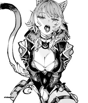 1girl animal_ear_fluff animal_ears ben-day_dots between_legs braid breasts cat_ears cat_girl cat_tail cipher_(honkai:_star_rail) cleavage coin commentary dated_commentary greyscale hand_between_legs hatching_(texture) highres honkai:_star_rail honkai_(series) hood hood_down linear_hatching looking_at_viewer medium_breasts mole mole_on_chest monochrome object_on_tongue otimusyairoha screentones simple_background solo tail twitter_username white_background