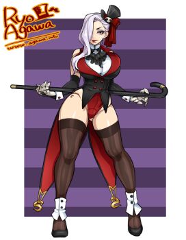 1girl agawa_ryou artist_name ascot bad_id bad_tumblr_id black_shoes black_thighhighs black_vest breasts buttons cane coattails doll_joints double-breasted eyeshadow female_focus frills full_body gloves hat joints large_breasts lining lips lipstick lolita_fashion long_hair magician makeup mini_hat mini_top_hat original purple_hair red_eyes ribbon shoes solo spats_(footwear) tailcoat thighhighs top_hat vest waistcoat watermark web_address