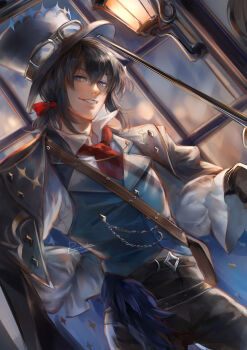 1boy absurdres alternate_costume ascot black_hair black_jacket blue_eyes blue_vest cane commentary english_commentary fate/grand_order fate_(series) grin hat highres holding holding_cane jacket looking_at_viewer male_focus oberon_(fate) oberon_(third_ascension)_(fate) red_ascot red_ribbon renrenka_noi ribbon shirt short_hair smile solo steampunk top_hat vest white_shirt window