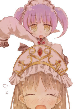 2girls arm_up atelier_(series) atelier_totori blush brown_hair chim_(atelier) closed_eyes female_focus hat long_hair looking_at_viewer multiple_girls open_mouth pointy_ears purple_hair solo_focus tank_(artist) totooria_helmold twintails