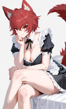 1girl absurdres alternate_costume alternate_hairstyle animal_ear_fluff animal_ears apron arm_rest black_dress black_nails blush breasts cleavage closed_mouth collar commentary detached_collar dress english_commentary highres indie_virtual_youtuber large_breasts looking_at_viewer maid maid_apron meibin nail_polish red_hair smile solo tail thighhighs virtual_youtuber white_apron white_collar white_thighhighs wolf_ears wolf_girl wolf_tail yellow_eyes zentreya