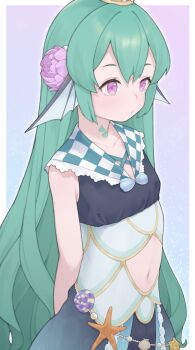 1girl absurdres blue_skirt clothing_cutout collarbone commentary english_commentary finana_ryugu finana_ryugu_(1st_costume) fins fish_girl flower frilled_sailor_collar frills from_side green_hair hair_flower hair_ornament head_fins highres leg_tattoo long_hair navel navel_cutout neck_tattoo nijisanji nijisanji_en peachyp purple_eyes purple_flower sailor_collar seashell shell skirt solo starfish tattoo virtual_youtuber