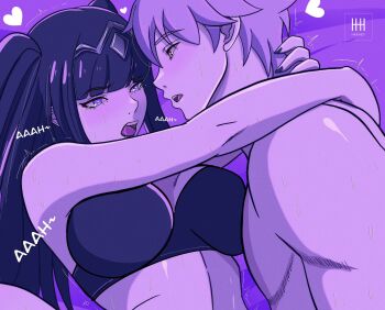 1boy 1girl black_bra black_hair blush bra breasts commentary english_commentary fire_emblem fire_emblem_awakening grey_hair heart hetero highres hug ihsnet implied_sex large_breasts long_hair male_robin_(fire_emblem) missionary moaning nintendo open_mouth out-of-frame_censoring sound_effects tharja_(fire_emblem) tiara tongue tongue_out twintails underwear upper_body