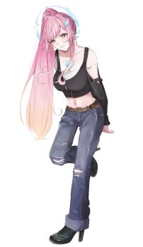 Rule 34 | 1girl, aemeath (wuthering waves), bare shoulders, black shirt, black shoes, breasts, closed mouth, colored tips, commentary, crop top, denim, english commentary, full body, hair ornament, high heels, highres, jeans, kraben, leg up, medium breasts, midriff, multicolored hair, navel, orange eyes, orange hair, pants, pink hair, ponytail, shirt, shoes, simple background, smile, solo, star-shaped pupils, star (symbol), symbol-shaped pupils, torn clothes, torn jeans, torn pants, white background, wuthering waves