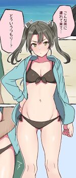 1girl bikini black_bikini blue_jacket breasts commentary_request feet_out_of_frame front-tie_bikini_top front-tie_top green_eyes grey_hair highres hood hooded_jacket jacket lowleg lowleg_bikini nanafumi_(nanafumino) side-tie_bikini_bottom small_breasts solo standing swimsuit translated twintails zuikaku_(kancolle) zuikaku_(swimsuit)_(kancolle)