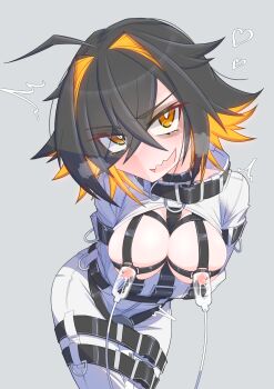 1girl absurdres ahoge bdsm black_hair bodysuit bondage bound bound_arms bound_legs breastless_straitjacket breasts breasts_out bright_pupils colored_inner_hair eyes_visible_through_hair fangs female_focus glowing glowing_hair grey_background hair_intakes hair_over_one_eye highres hitachi_magic_wand lactation menou_74 milking_machine multicolored_hair nipples no_bra open_mouth orange_eyes orange_hair original sex_toy short_hair simple_background skin_fangs solo standing straitjacket tsurime two-tone_hair variant_set vibrator white_bodysuit white_pupils