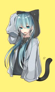 1girl absurdres animal_ears arm_up bags_under_eyes black_jacket blue_hair blush cat_ears commentary_request fang hatsune_miku highres hood jacket long_hair looking_at_viewer open_mouth reirou_(chokoonnpu) ringed_eyes simple_background skin_fang sleeves_past_fingers sleeves_past_wrists solo tail vocaloid yellow_background