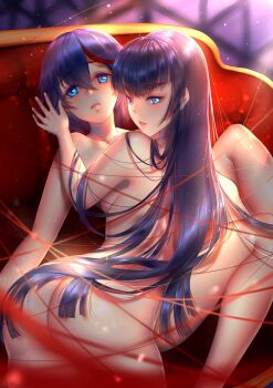 2girls ass blue_eyes blue_hair breasts collarbone completely_nude convenient_censoring couch female_focus incest kill_la_kill kiryuuin_satsuki long_hair looking_at_viewer looking_back matoi_ryuuko multicolored_hair multiple_girls nude short_hair siblings sisters streaked_hair thick_eyebrows thread yuanchuang yuri