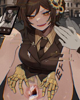 1girl after_vaginal aftersex belt body_writing breasts brown_eyes brown_hair brown_necktie censored coat collared_shirt commentary_request cum dark-skinned_female dark_skin earrings gauntlets gears glitch highres jacket jewelry korean_commentary large_breasts limbus_company long_sleeves mosaic_censoring necktie open_mouth outis_(project_moon) phone pinstripe_pattern pinstripe_shirt project_moon pussy shirt short_hair smile solo_focus spread_pussy t_corp._(identity)_(project_moon) tally time_stop tongue waving yellow_eyes yellow_shirt yippee