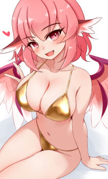1girl animal_ears ayatori_(aytr) bare_shoulders bikini bird_ears bird_wings blush breasts cleavage collarbone commentary_request gold_bikini golden_week hand_up highres large_breasts looking_at_viewer mystia_lorelei navel open_mouth pink_hair red_eyes satin_bikini shiny_swimsuit short_hair simple_background sitting smile solo swimsuit thighs touhou v white_background wings