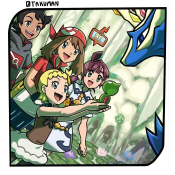 3girls :d absurdres age_difference arms_up artist_name bike_shorts bike_shorts_under_skirt black_hair blonde_hair blue_eyes blue_shorts bonnie_(pokemon) brown_hair brown_shirt clemont_(pokemon) cross-shaped_pupils dedenne dress forest gen_6_pokemon goh_(pokemon) green_eyes grey_jacket hands_on_another&#039;s_shoulders height_difference highres hood hood_down hooded_jacket jacket legendary_pokemon minikon multiple_girls nature nintendo on_shoulder open_mouth otakuman outdoors pokemon pokemon_(anime) pokemon_(creature) pokemon_journeys pokemon_on_shoulder pokemon_rse_(anime) pokemon_xy_(anime) red_jacket shirt short_dress short_hair short_sleeves shorts skirt smile symbol-shaped_pupils twintails white_dress white_skirt xerneas zygarde zygarde_core