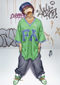 Rule 34 | 00s, 1boy, baggy pants, bread, clannad, copyright name, food, furukawa akio, graffiti, hat, highres, pants, shade/nays, spray can, watch