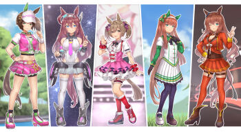 5girls animal_ears asymmetrical_footwear bare_shoulders beruu black_boots black_bow black_corset black_garter_straps black_gloves black_sailor_collar blue_eyes blush boots bow breasts brown_boots brown_eyes brown_hair brown_shoes clenched_hand closed_mouth commentary corset cropped_jacket detached_sleeves double_v ear_covers frilled_thigh_strap garter_straps gloves green_eyes green_sleeves hair_between_eyes hairband hand_on_own_chest hand_on_own_hip high-waist_skirt high_heel_boots high_heels highres horse_ears horse_girl horse_tail ines_fujin_(all-time_fever)_(umamusume) ines_fujin_(umamusume) jacket kneehighs large_breasts leotard long_hair long_sleeves maruzensky_(formula_r)_(umamusume) maruzensky_(umamusume) mihono_bourbon_(mb-19890425)_(umamusume) mihono_bourbon_(umamusume) mismatched_footwear multiple_girls nigekiri_sisters_(umamusume) one_eye_closed open_hand open_mouth orange_hair pantyhose pink_jacket pink_shoes pink_skirt pleated_skirt purple_pantyhose red_shirt red_shoes red_skirt red_socks red_thighhighs sailor_collar shirt shoes short_hair short_sleeves short_twintails shorts shorts_under_skirt side_ponytail sidelocks silence_suzuka_(innocent_silence)_(umamusume) silence_suzuka_(umamusume) single_ear_cover skirt smart_falcon_(love_4ever)_(umamusume) smart_falcon_(umamusume) smile socks tail thigh_strap thighhighs twintails umamusume v visor_cap w white_hairband white_leotard white_shirt white_shoes white_sleeves white_thighhighs zettai_ryouiki