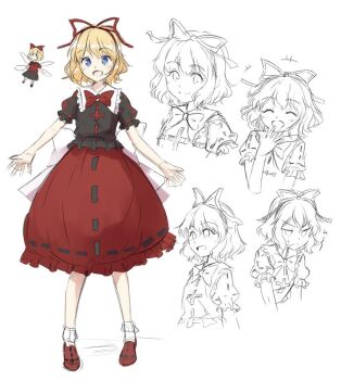 Rule 34 | 1girl, back bow, black shirt, blonde hair, blue eyes, bow, bowtie, collared shirt, commentary, frilled shirt collar, frilled skirt, frills, hair ribbon, kachuten, looking at viewer, medicine melancholy, multiple expressions, multiple views, open mouth, puffy short sleeves, puffy sleeves, red bow, red bowtie, red shoes, red skirt, ribbon, ribbon-trimmed shirt, ribbon-trimmed skirt, ribbon trim, shirt, shoes, short hair, short sleeves, skirt, smile, socks, su-san, touhou, white bow, white socks