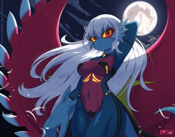 1girl arm_at_side arm_behind_head arm_up armpits artist_name black_sky blue_skin bodysuit closed_mouth cloud collarbone colored_sclera colored_skin cowboy_shot dragon_girl female_focus full_moon furry furry_female glowing long_hair long_sleeves looking_at_viewer moon multicolored_skin navel neon_trim night nintendo outdoors patreon_logo patreon_username personification pokemon pokemon_(creature) red_eyes red_skin red_wings rilex_lenov roaring_moon see-through_bodysuit see-through_clothes sidelocks sky solo spread_wings standing stomach tail thick_thighs thighs two-tone_skin very_long_hair watermark web_address white_hair wide_hips wind wings yellow_sclera