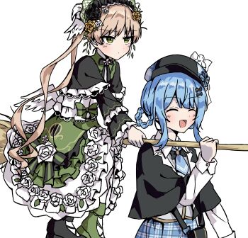 2girls :d absurdres black_capelet black_flower black_rose blonde_hair blue_hair blue_necktie braid braided_hair_rings broom broom_riding capelet carrying carrying_person closed_eyes deerstalker dress flower frilled_dress frills green_dress green_eyes hair_rings hat highres holding holding_broom lolita_fashion long_hair long_sleeves magical_girl mahou_shoujo_no_majo_saiban multiple_girls necktie open_mouth otowac4t plaid_clothes plaid_skirt rose short_hair simple_background sitting skirt smile strong tachibana_sherry tono_hanna twintails white_background yellow_flower yellow_rose