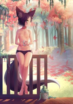 1girl animal_ears animal_hands autumn autumn_leaves bare_legs barefoot black_panties borrowed_character brown_hair casual_nudity collarbone cup disposable_cup female_focus fence flat_chest forest fox_ears fox_tail freckles full_body grass highres holding holding_cup leaf lexi_(lurkios) looking_to_the_side mug nature navel nipples original outdoors panties plant potted_plant rimuu short_hair sitting solo steam stomach tail thigh_gap topfreedom topless_female underwear wooden_fence wooden_floor yellow_eyes
