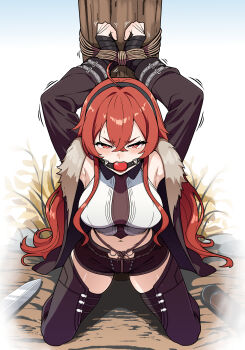 1girl absurdres armpits arms_up ball_gag bdsm black_hairband black_shorts bondage boots bound breasts eris_greyrat fur-trimmed_jacket fur_trim gag gagged hair_between_eyes hairband highres jacket long_hair looking_at_viewer mushoku_tensei navel red_eyes red_hair restrained shibari shorts sword thick_eyebrows thigh_boots tiedtiki very_long_hair weapon