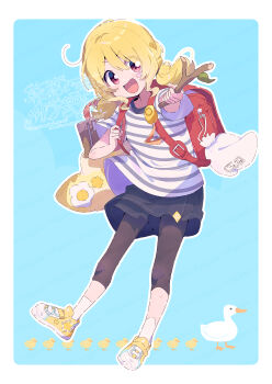 1girl :d baby_animal backpack bag bird black_leggings black_skirt blonde_hair blue_background blush_stickers border branch commentary_request dot_nose duck duckling full_body hair_between_eyes highres holding holding_branch holding_strap leggings looking_at_viewer loose_hair_strand low_twintails magia_record:_mahou_shoujo_madoka_magica_gaiden mahou_shoujo_madoka_magica medium_hair open_mouth outline outside_border randoseru red_bag serizawa_serizane shirt shoes short_sleeves simple_background skirt smile socks solo standing striped_clothes striped_shirt togame_momoko twintails v-shaped_eyebrows watermark white_border white_outline white_shirt white_socks yellow_shoes