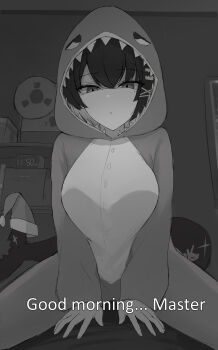 1girl absurdres alarm_clock animal_hood bedroom black_hair breasts clock closed_mouth colored_inner_hair ellen_joe english_text fang fins fish_tail good_morning_my_brother_(meme) greyscale hair_between_eyes hands_on_another's_stomach hands_up hat_on_tail highres hood hooded_pajamas large_breasts looking_at_viewer looking_down meme mole mole_under_eye monochrome multicolored_hair namikare narrowed_eyes pajamas parody pov raglan_sleeves reel-to-reel_tape_recorder scar scar_on_tail scene_reference seven-segment_display shaded_face shark_girl shark_hood shark_tail shelf short_hair solo_focus straddling subtitled tail tokidoki_bosotto_roshia-go_de_dereru_tonari_no_alya-san zenless_zone_zero