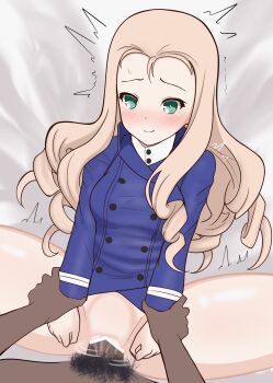 1boy 1girl absurdres arararajru36 bc_freedom_military_uniform blonde_hair blush bottomless censored clothed_female_nude_male dark-skinned_male dark_skin deep_penetration girls_und_panzer green_eyes hetero highres holding_hands marie_(girls_und_panzer) missionary nude penis pov pubic_hair pussy sex stomach_bulge vaginal