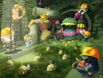 >_< alolan_form alolan_muk anger_vein artist_name bagon blob charmander claws clipboard closed_eyes closed_mouth clothed_pokemon clothes_pin commentary conkeldurr crowbar ditto english_commentary fangs feebas fire fish flame-tipped_tail gen_1_pokemon gen_3_pokemon gen_5_pokemon gen_7_pokemon geodude grate hard_hat helmet holding holding_clipboard holding_pencil ladder muscular nintendo nosepass nostrils on_ladder open_mouth pencil poipole pokemon pokemon_(creature) pokemon_focus primeape red_nose sewer signature smile swimming tail thecalendork transformed_ditto ultra_beast water watermark yellow_helmet