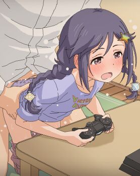 1boy 1girl blush braid clothed_sex clothes_pull clothing_aside controller doggystyle dualshock game_controller gamepad hetero idolmaster idolmaster_cinderella_girls loli miyoshi_sana multitasking oekaki open_mouth panties panties_aside playing_games playstation_controller purple_panties sex sex_from_behind solo_focus sweat tagme tomu_(tomubobu) tongue twin_braids underwear