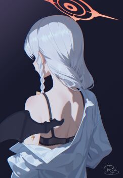 1girl absurdres artist_logo back black_background black_bra black_wings blue_archive bra braid commentary_request demon_wings dress_shirt from_behind grey_hair hair_over_shoulder halo haruna_(blue_archive) highres logo orange_halo piercing royalbunny003 shirt shirt_partially_removed single_bare_shoulder single_braid single_off_shoulder single_wing solo underwear upper_body white_shirt wing_piercing wings