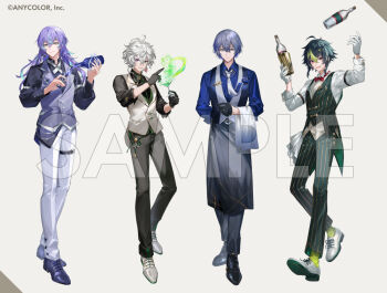 Rule 34 | 4boys, :d, ahoge, apron, bartender, black apron, black gloves, black hair, black pants, black shirt, black shoes, black vest, blue eyes, blue hair, blue shirt, blue streaks, bottle, boutonniere, bow, bowtie, closed mouth, cocktail, cocktail glass, cocktail shaker, collared shirt, copyright notice, cross-laced shoes, cross tie, crossed bangs, cuff links, cup, dress, drinking glass, dytica (nijisanji), earrings, full body, gloves, green eyes, green hair, green pants, green ribbon, green socks, green streaks, green vest, grey dress, grey hair, hair between eyes, hair ornament, hairclip, half gloves, hand up, heterochromia, holding, holding bottle, holding cocktail shaker, holding cup, hoshirube sho, inami rai, index finger raised, jewelry, juggling, koyanagi rou, lapel pin, lapels, lineup, long hair, long sleeves, looking at viewer, male focus, mixing glass, multicolored eyes, multicolored hair, multiple boys, murakumo kagetsu, neck ribbon, necklace, necktie, nijisanji, notched lapels, official art, open mouth, oxfords, pants, pinstripe pants, pinstripe pattern, pinstripe vest, pouring, purple eyes, purple hair, purple shoes, purple vest, red bow, red bowtie, ribbon, sample watermark, shirt, shoes, short hair, simple background, single earring, sleeve garter, sleeves rolled up, smile, socks, standing, streaked hair, tailcoat, thigh strap, towel, towel on arm, traditional bowtie, two-tone eyes, ueauwa, vest, virtual youtuber, waist apron, waiter, wallet chain, watermark, white background, white gloves, white hair, white necktie, white pants, white shirt, white shoes, white vest, wine bottle