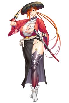 1girl black_panties blood_on_clothes bloody_sarashi breasts cleavage cleavage_cutout clothing_cutout curvy earrings full_body garter_straps gloves grin hat highres holding holding_unworn_clothes holding_unworn_hat holding_weapon huge_breasts impossible_clothes jewelry kamimura_maika kamimura_maika_(future) katana lilith-soft lips long_hair looking_at_viewer micro_panties orange_hair panties ponytail samurai sarashi shiny_clothes shiny_skin sian skin_tight smile standing sword taimanin_(series) taimanin_rpgx thong transparent_background underwear unworn_hat unworn_headwear very_long_hair weapon wide_hips