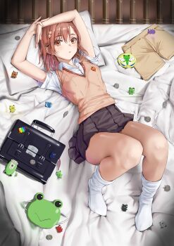 1girl absurdres arms_on_head bag breasts brown_eyes brown_hair brown_sweater_vest cellphone coin collared_shirt commentary_request emblem flip_phone frog_mask from_above full_body gekota green_mask grey_skirt hair_between_eyes hair_ornament hairpin head_on_pillow highres indoors knees_up kuuhaku_(pskf2372) looking_at_viewer lying mask medium_hair miniskirt misaka_mikoto on_back on_bed parted_lips phone pillow pleated_skirt school_bag school_emblem school_uniform shirt short_sleeves shorts skirt small_breasts socks solo summer_uniform sweater_vest thighs toaru_kagaku_no_railgun toaru_majutsu_no_index tokiwadai_school_uniform unworn_mask unworn_shorts white_shirt white_socks