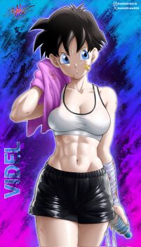 1girl abs arm_wrap artist_name bandaid black_hair black_shorts blue_eyes bottle breasts character_name closed_mouth collarbone dragon_ball dragonball_z highres holding holding_towel medium_breasts midriff muscular muscular_female navel obliques santydraws01 short_hair shorts solo sports_bra sportswear sweat sweaty_clothes towel videl water_bottle wiping wiping_sweat