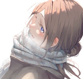 1girl blue_eyes blue_scarf blush breath brown_hair brown_jacket commentary_request ear_blush from_side gakuen_idolmaster hair_bun highres himesaki_rinami idolmaster jacket long_hair looking_at_viewer looking_to_the_side masshiromilktea11014 nose_blush open_mouth parted_bangs plaid_clothes plaid_scarf profile scarf simple_background single_hair_bun solo upper_body white_background