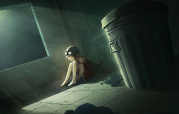 1girl abandoned absurdres aviator_cap aviator_goggles bare_arms bare_legs bare_shoulders barefoot black_helmet blonde_hair chalkboard classroom closed_mouth corner crack cracked_floor cracked_wall dress dutch_angle expressionless flipped_hair from_side full_body goggles goggles_on_headwear hair_between_eyes hair_flaps hands_under_legs helmet highres indoors knees_to_chest knees_together_feet_apart light_particles long_hair looking_down monogatari_(series) moonlight night on_floor oretekiya oshino_shinobu petticoat red_dress rubble sidelocks sitting sleeveless sleeveless_dress solo strap_slip sundress tile_floor tiles trash_can very_long_hair wide_shot window yellow_eyes