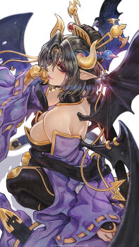 1girl bare_shoulders black_hair black_wings blue_eyes blurry blurry_foreground breasts cleavage demon_girl demon_horns demon_wings detached_sleeves digimon eyeshadow full_body hair_bun highres horns large_breasts lilithmon looking_at_viewer magion02 makeup mole mole_under_eye pointy_ears purple_eyeshadow purple_lips purple_sleeves smile solo squatting strapless_bodysuit wide_sleeves wings yellow_horns