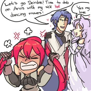 anger_vein blue_eyes blue_hair davewaterfalls deirdre_(fire_emblem) dress fire_emblem fire_emblem:_genealogy_of_the_holy_war fire_emblem_awakening heart husband_and_wife nintendo purple_eyes purple_hair red_hair severa_(fire_emblem) sigurd_(fire_emblem) simple_background speech_bubble twintails