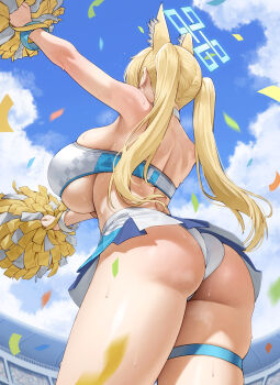 1girl animal_ears ass blonde_hair blue_archive blue_sky breasts cheerleader commentary crop_top dog_ears dog_girl from_below highres holding holding_pom_poms kanna_(blue_archive) large_breasts long_hair millennium_cheerleader_outfit_(blue_archive) miniskirt panties pom_pom_(cheerleading) pom_poms skirt sky solo thigh_strap thighs thore_(nathalukpol) two-tone_skirt underboob underwear upskirt very_long_hair white_panties