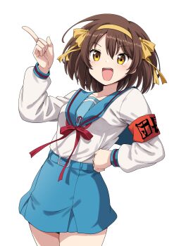 Rule 34 | 1girl, :d, armband, blue sailor collar, blue skirt, breasts, brown eyes, brown hair, collarbone, hair between eyes, hair ribbon, hairband, hand on own hip, hand up, highres, index finger raised, kita high school uniform, long sleeves, open mouth, red armband, red ribbon, ribbon, sailor collar, school uniform, serafuku, simple background, skirt, smile, solo, standing, sutemeto, suzumiya haruhi, suzumiya haruhi no yuuutsu, teeth, thighs, tongue, upper teeth only, white background, winter uniform, yellow hairband, yellow ribbon
