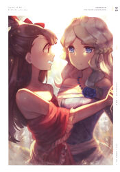 Rule 34 | 2girls, absurdres, artist request, bare shoulders, blue eyes, blue flower, brown hair, collarbone, diana cavendish, dress, flower, hair ornament, hand grab, highres, holding, hoop skirt, jewelry, kagari atsuko, little witch academia, long hair, multiple girls, necklace, open mouth, pink dress, ponytail, red eyes, ribbon, scan, scan artifacts, skirt, strapless, strapless dress
